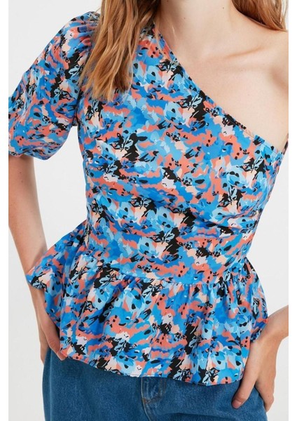 Moda Devrik Yaka Dokuma Regular Çiçekli Desen Casual Günlük Regular Kısa Kol Bluz