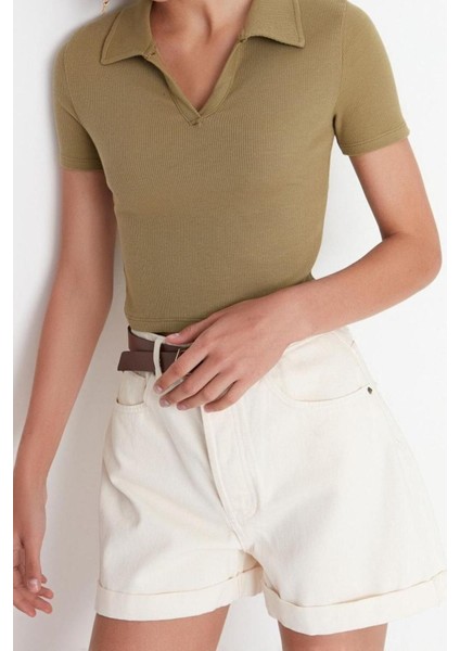 Moda Polo Yaka Örme Slim Slogan Desen Casual Günlük Crop Kısa Kol Bluz