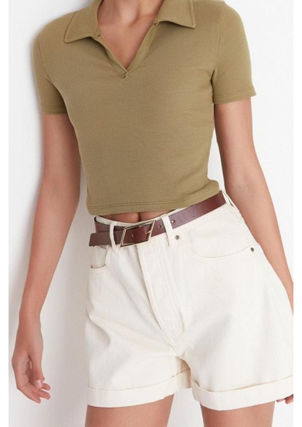Moda Polo Yaka Örme Slim Slogan Desen Casual Günlük Crop Kısa Kol Bluz fiyatları