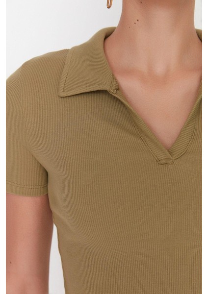 Moda Polo Yaka Örme Slim Slogan Desen Casual Günlük Crop Kısa Kol Bluz modelleri