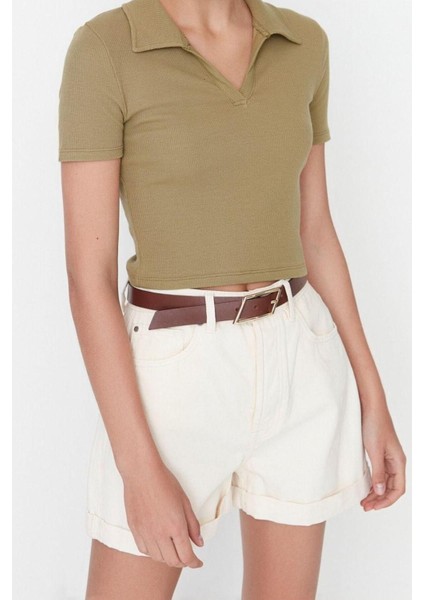 Moda Polo Yaka Örme Slim Slogan Desen Casual Günlük Crop Kısa Kol Bluz fırsatları