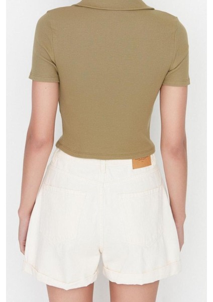 Moda Polo Yaka Örme Slim Slogan Desen Casual Günlük Crop Kısa Kol Bluz indirimleri