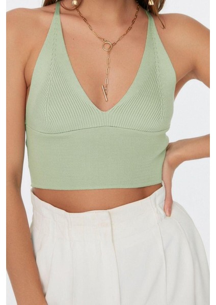 Moda V Yaka Triko Slim Düz Desen Casual Günlük Super Crop Askılı Kol Bluz