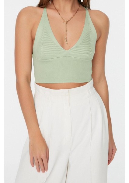 Moda V Yaka Triko Slim Düz Desen Casual Günlük Super Crop Askılı Kol Bluz