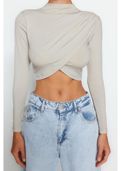 Moda Dik Yaka Örme Slim Düz Desen Şık Gece Crop Uzun Kol Bluz