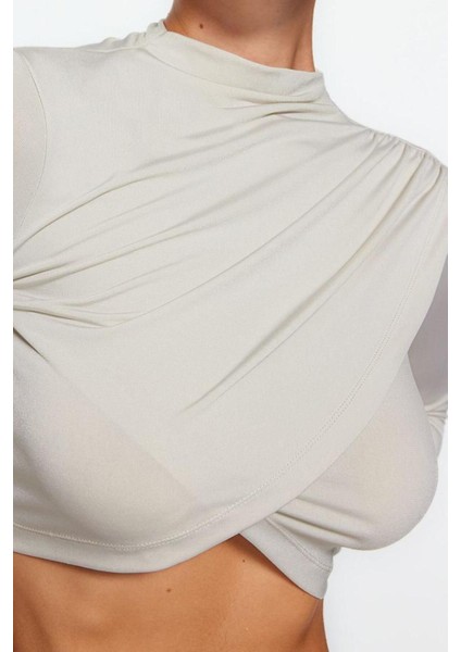 Moda Dik Yaka Örme Slim Düz Desen Şık Gece Crop Uzun Kol Bluz modelleri