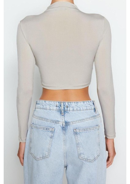 Moda Dik Yaka Örme Slim Düz Desen Şık Gece Crop Uzun Kol Bluz indirimleri