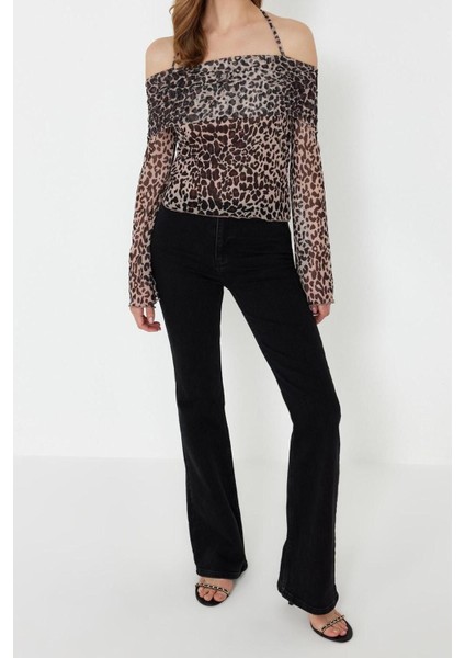 Moda Carmen Yaka Örme Regular Düz Desen Casual Günlük Crop Uzun Kol Bluz modelleri