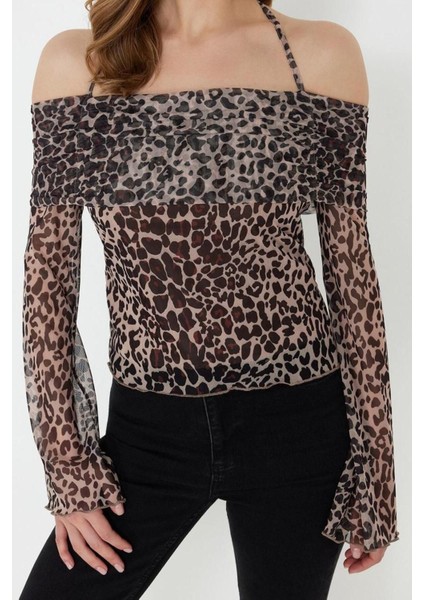 Moda Carmen Yaka Örme Regular Düz Desen Casual Günlük Crop Uzun Kol Bluz fırsatları