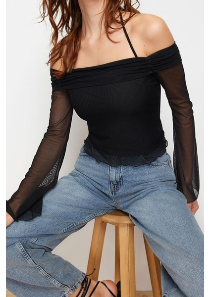 Moda Carmen Yaka Örme Regular Düz Desen Casual Günlük Crop Uzun Kol Bluz fiyatları