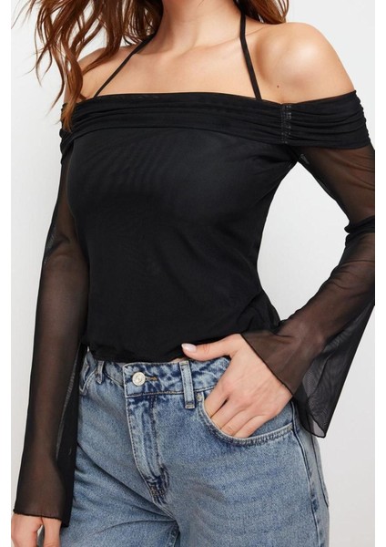 Moda Carmen Yaka Örme Regular Düz Desen Casual Günlük Crop Uzun Kol Bluz fırsatları