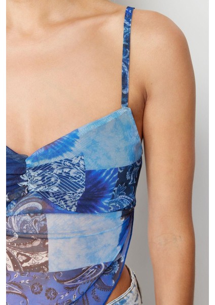 Moda Degaje Yaka Örme Slim Geometrik Desen Casual Günlük Crop Askılı Kol Bluz indirimleri