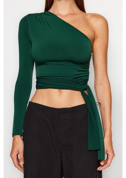 Moda Asimetrik Yaka Örme Slim Düz Desen Casual Günlük Crop Uzun Kol Bluz