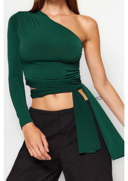 Moda Asimetrik Yaka Örme Slim Düz Desen Casual Günlük Crop Uzun Kol Bluz fiyatları
