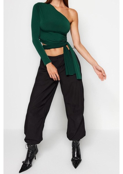 Moda Asimetrik Yaka Örme Slim Düz Desen Casual Günlük Crop Uzun Kol Bluz modelleri