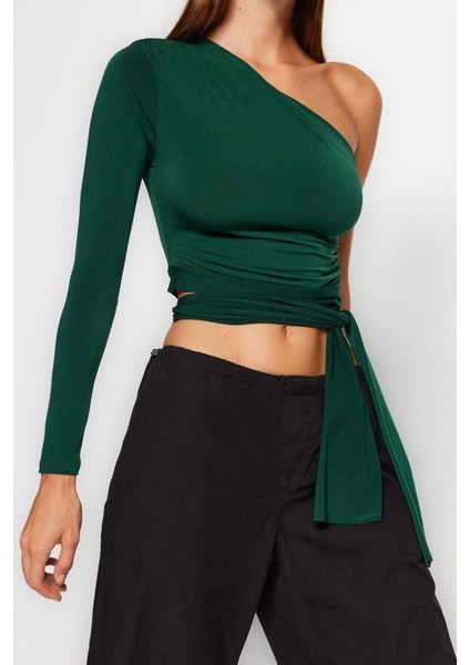 Moda Asimetrik Yaka Örme Slim Düz Desen Casual Günlük Crop Uzun Kol Bluz fırsatları