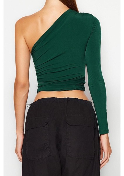 Moda Asimetrik Yaka Örme Slim Düz Desen Casual Günlük Crop Uzun Kol Bluz indirimleri