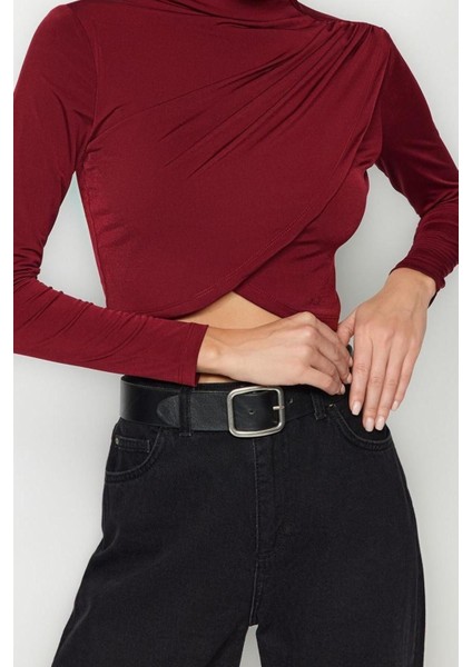 Moda Dik Yaka Örme Slim Düz Desen Şık Gece Crop Uzun Kol Bluz modelleri