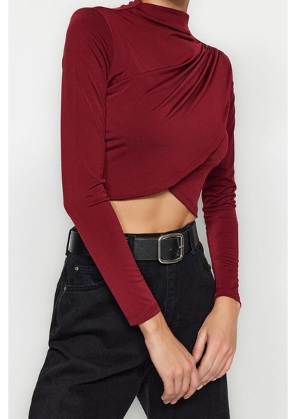 Moda Dik Yaka Örme Slim Düz Desen Şık Gece Crop Uzun Kol Bluz fırsatları