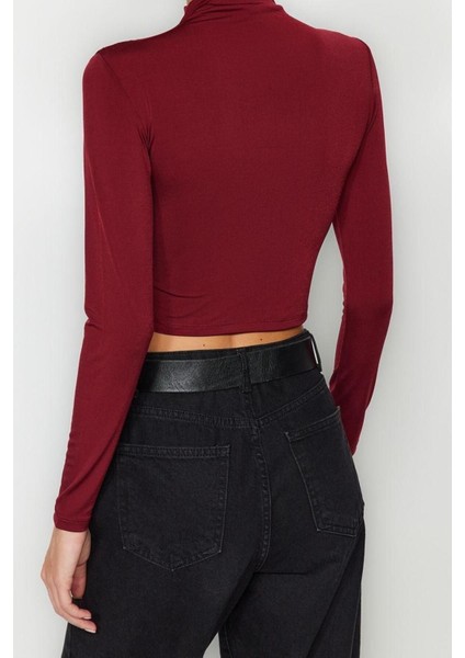 Moda Dik Yaka Örme Slim Düz Desen Şık Gece Crop Uzun Kol Bluz indirimleri