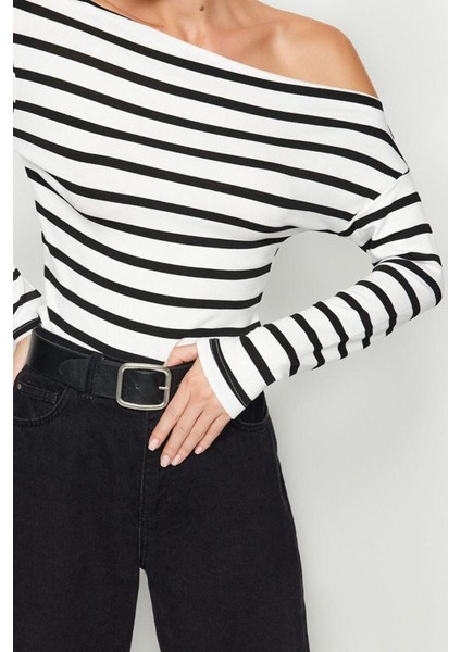 Moda Kayık Yaka Örme Slim Çizgili Desen Casual Günlük Regular Uzun Kol Bluz fırsatları