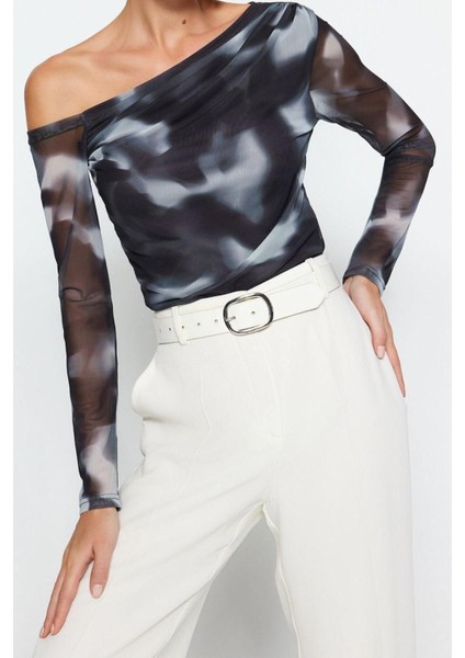 Moda Asimetrik Yaka Örme Slim Çiçekli Desen Casual Günlük Regular Uzun Kol Bluz