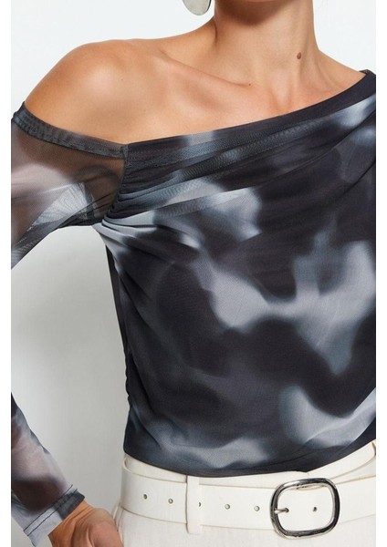 Moda Asimetrik Yaka Örme Slim Çiçekli Desen Casual Günlük Regular Uzun Kol Bluz