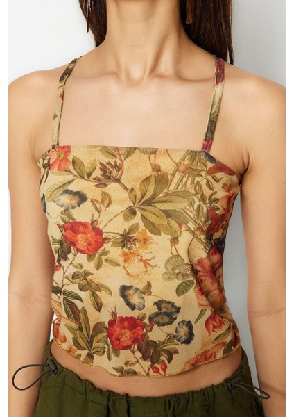 Moda Kare Yaka Örme Slim Çiçekli Desen Casual Günlük Crop Askılı Kol Bluz