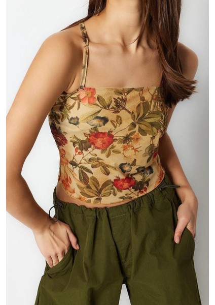Moda Kare Yaka Örme Slim Çiçekli Desen Casual Günlük Crop Askılı Kol Bluz