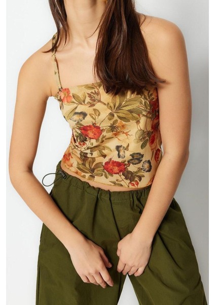 Moda Kare Yaka Örme Slim Çiçekli Desen Casual Günlük Crop Askılı Kol Bluz