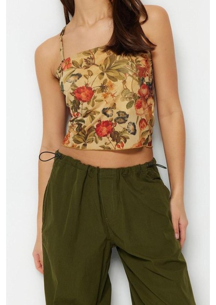 Moda Kare Yaka Örme Slim Çiçekli Desen Casual Günlük Crop Askılı Kol Bluz