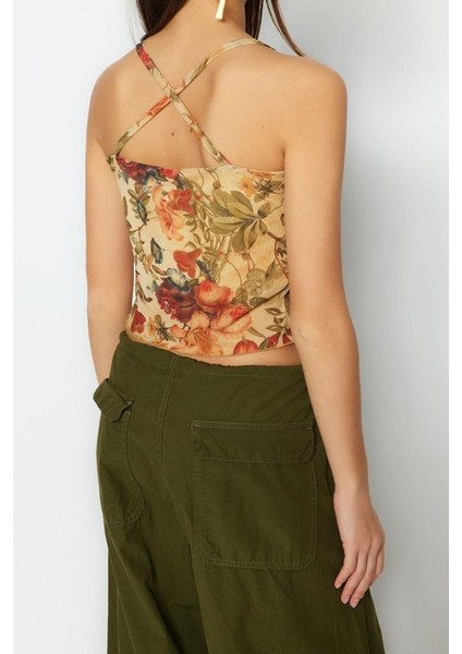 Moda Kare Yaka Örme Slim Çiçekli Desen Casual Günlük Crop Askılı Kol Bluz
