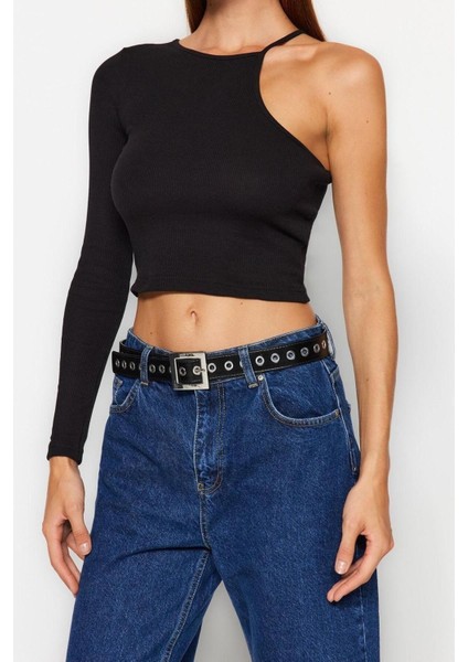 Moda Bisiklet Yaka Örme Slim Düz Desen Casual Günlük Crop Uzun Kol Bluz