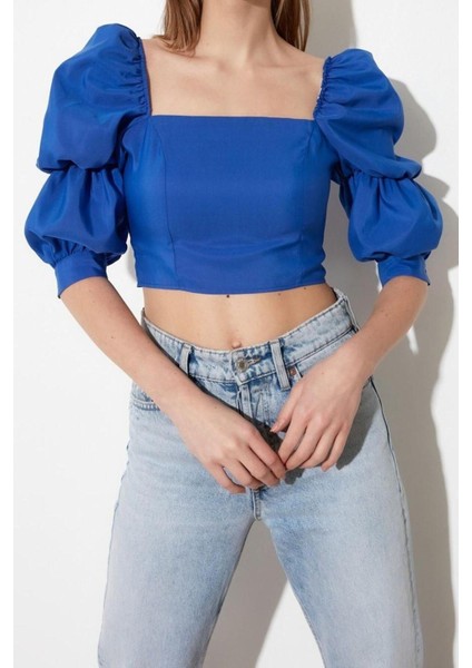 Moda Kare Yaka Dokuma Fit Düz Desen Casual Günlük Crop Truvakar Kol Kol Bluz