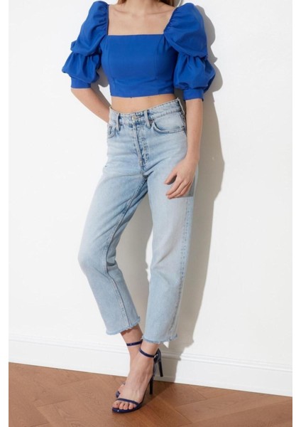 Moda Kare Yaka Dokuma Fit Düz Desen Casual Günlük Crop Truvakar Kol Kol Bluz fırsatları