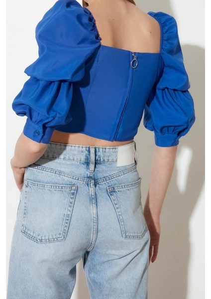 Moda Kare Yaka Dokuma Fit Düz Desen Casual Günlük Crop Truvakar Kol Kol Bluz indirimleri