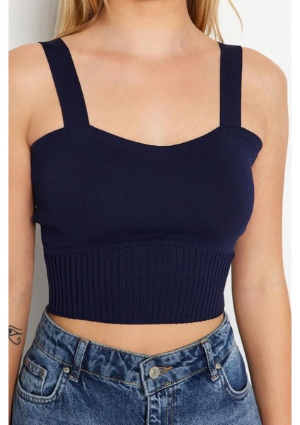 Moda Kare Yaka Triko Slim Düz Desen Casual Günlük Crop Askılı Kol Bluz