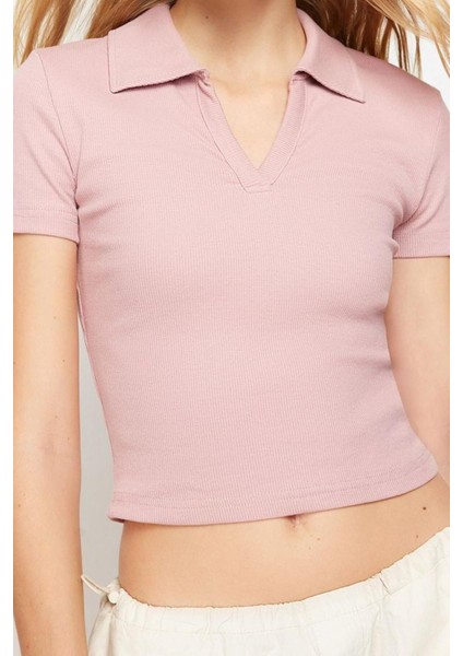 Moda Polo Yaka Örme Slim Slogan Desen Casual Günlük Crop Kısa Kol Bluz fiyatları