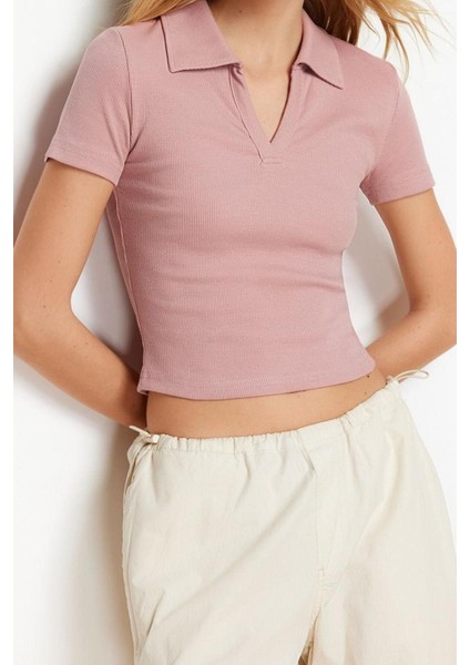 Moda Polo Yaka Örme Slim Slogan Desen Casual Günlük Crop Kısa Kol Bluz modelleri