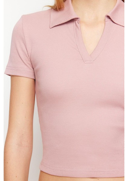 Moda Polo Yaka Örme Slim Slogan Desen Casual Günlük Crop Kısa Kol Bluz fırsatları