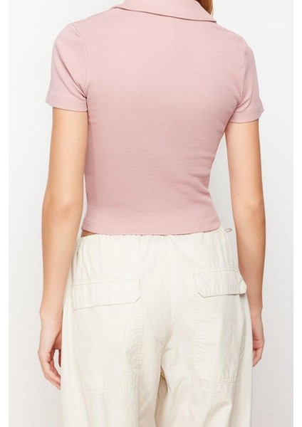 Moda Polo Yaka Örme Slim Slogan Desen Casual Günlük Crop Kısa Kol Bluz indirimleri