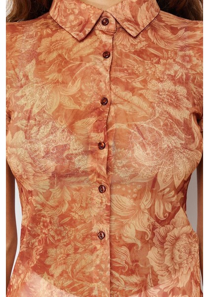 Moda Polo Yaka Örme Slim Fit Çiçekli Desen Casual Günlük Regular Kısa Kol Bluz