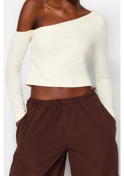 Moda Asimetrik Yaka Örme Slim Düz Desen Casual Günlük Crop Uzun Kol Bluz fiyatları