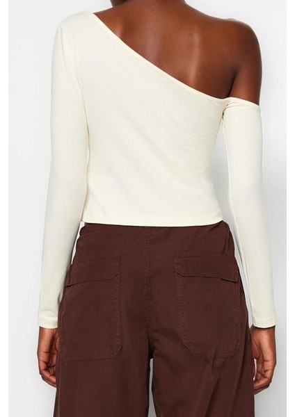 Moda Asimetrik Yaka Örme Slim Düz Desen Casual Günlük Crop Uzun Kol Bluz fırsatları