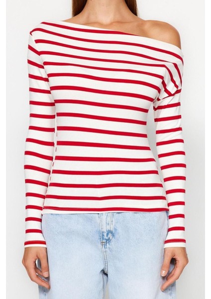 Moda Kayık Yaka Örme Slim Çizgili Desen Casual Günlük Regular Uzun Kol Bluz