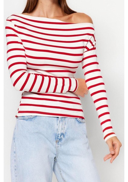 Moda Kayık Yaka Örme Slim Çizgili Desen Casual Günlük Regular Uzun Kol Bluz fiyatları