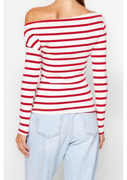 Moda Kayık Yaka Örme Slim Çizgili Desen Casual Günlük Regular Uzun Kol Bluz indirimleri