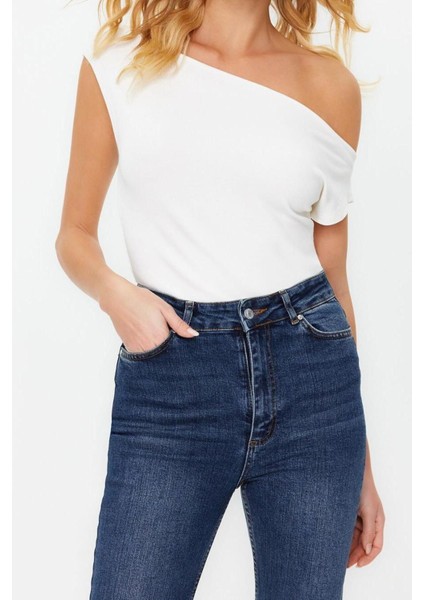 Moda Kayık Yaka Örme Slim Geometrik Desen Casual Günlük Regular Kısa Kol Bluz