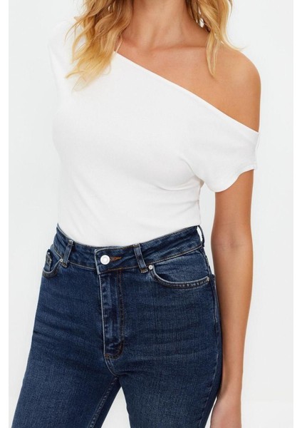 Moda Kayık Yaka Örme Slim Geometrik Desen Casual Günlük Regular Kısa Kol Bluz