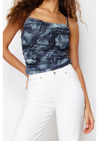 Moda Degaje Yaka Örme Slim Soyut Desen Casual Günlük Crop Askılı Kol Bluz